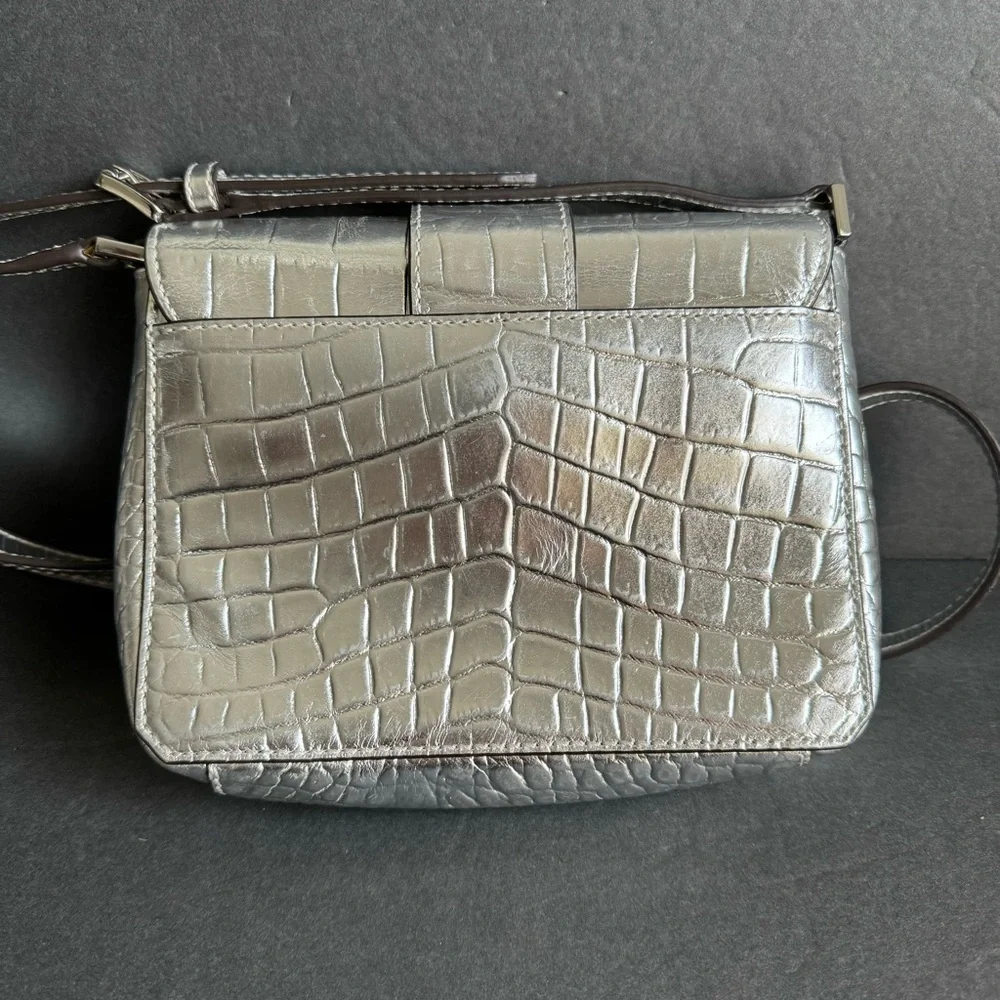 Michael Kors Silver Croc Embossed Crossbody Bag Mila Purse‎ Metallic Crocodile